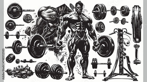 Sticker sheet, bodybuilding equipment, simple, black ink in white background 