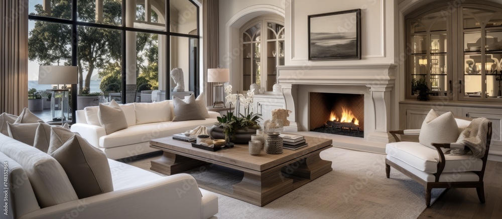 A living room is filled with furniture, including a sofa, coffee table, and armchairs. A fireplace is the focal point, with a warm fire burning. The room is elegantly decorated in warm white tones.