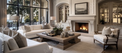 A living room is filled with furniture, including a sofa, coffee table, and armchairs. A fireplace is the focal point, with a warm fire burning. The room is elegantly decorated in warm white tones. © Vusal