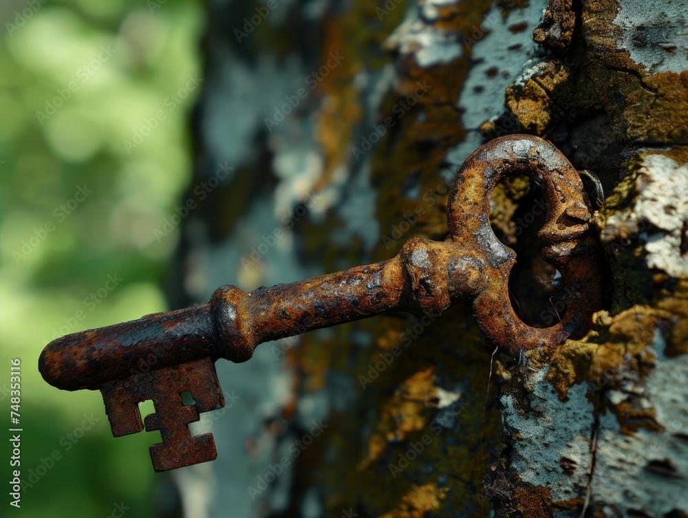 a rusty key in a tree