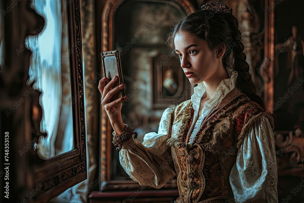 Social Media Creative History, Girl with Phone As Renaissance Antique Model, Vintage Princess with Smartphone - obrazy, fototapety, plakaty 