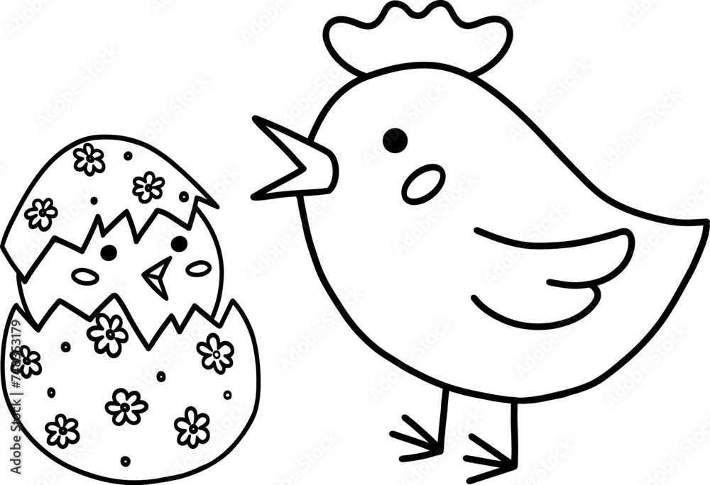 Vector illustration of a chicken with a chicken hatched from an egg. Outline Illustration Of Easter. An illustration for Mother's Day. A retro-style picture for a happy Easter. Stock illustration Vector illustration of a chicken with a chicken hatched from an egg. Outline Illustration Of Easter. An illustration for Mother's Day. A retro-style picture for a happy Easter. Stock illustration
