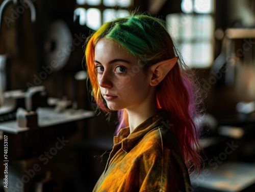 a woman with elf ears and yellow shirt