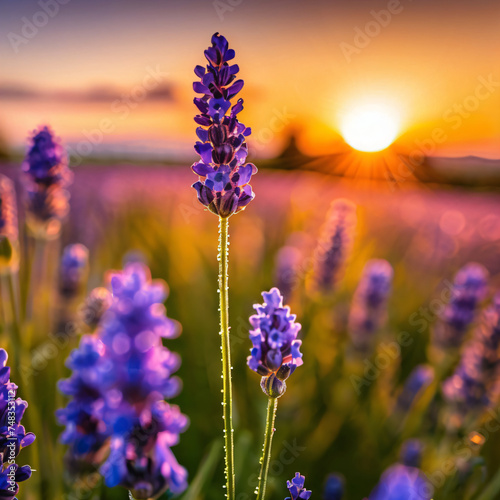 A vast field of purple lavender blooms bathed in the warm glow of a summer sunset