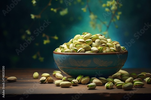 a bowl of pistachios on a table