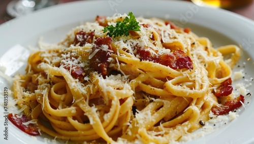 a plate of pasta with bacon and parmesan