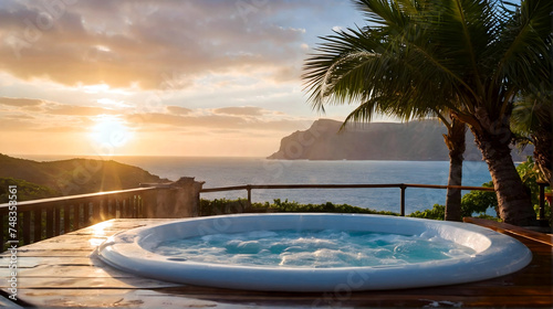 Luxury bubble bathtub under palm tree with ocean view at sunset, spa and wellness concept, seascape and mountains background