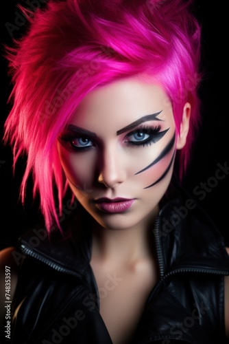 a woman with pink hair and black makeup
