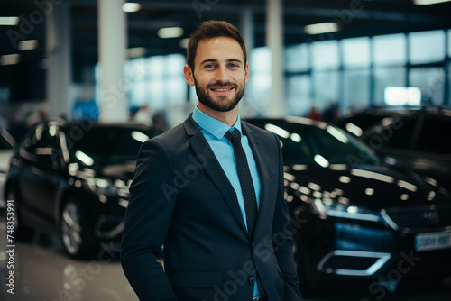 Professional luxury car salesman in luxury car showroom. Concept of car dealer business. Auto dealership office © Darya