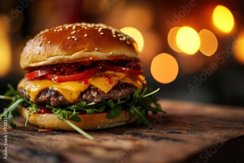 a cheeseburger with a bun on a table photo