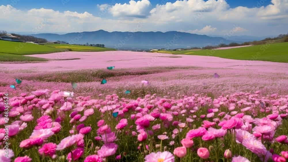 The seasonal scenery with pink flowers blooming and pink foliage offers an enchanting view. butterflies dance in the morning. Seamless looping 4k time-lapse animation video background
The seasonal scenery with pink flowers blooming and pink foliage offers an enchanting view. butterflies dance in the morning. Seamless looping 4k time-lapse animation video background