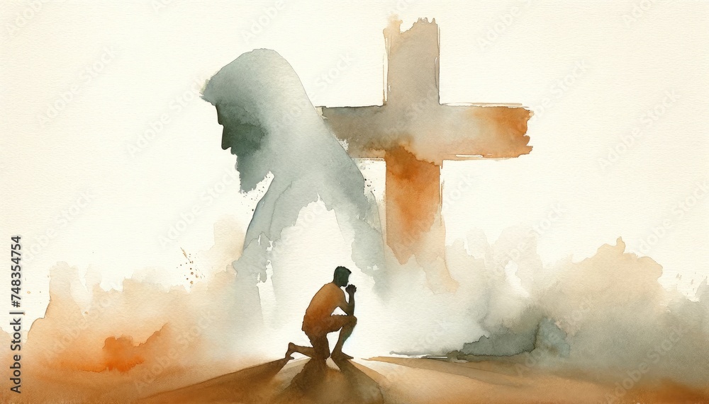 Christian man praying in front of a Christian cross, Jesus silhouette in background.  Digital watercolor painting. - obrazy, fototapety, plakaty 