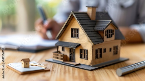 Real estate agent signing mortgage agreement for new home with close up of miniature house.
