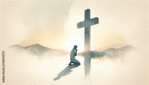 Silhouette of a man praying in front of a cross.  Digital watercolor painting.