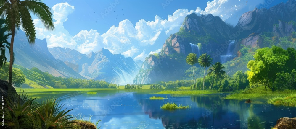 A painting depicting a mountain lake set against a backdrop of lush trees. The serene lake reflects the surrounding greenery under a clear sky.