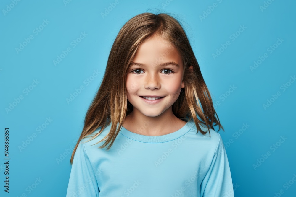 Portrait of a smiling little girl with long hair on blue background Portrait of a smiling little girl with long hair on blue background
