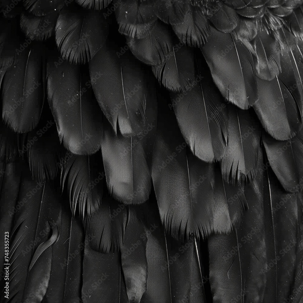Obraz premium Black Swan Feathers Background, Black Plume Pattern, Wings Feather Texture with Copy Space
