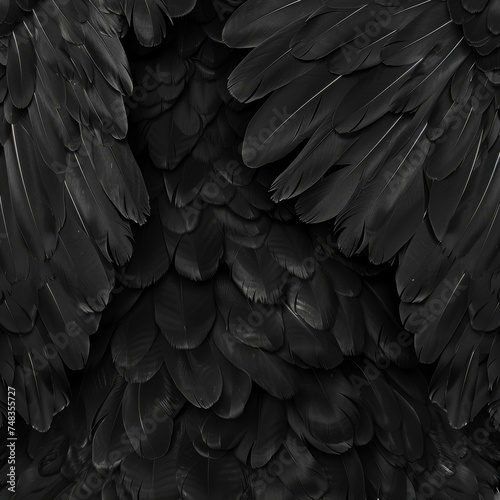 Black Swan Feathers Background, Black Plume Pattern, Wings Feather Texture with Copy Space photo