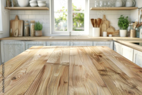 Light Wood Table on Blurred Kitchen Background, Modern Wooden Table Mockup for Montage Product