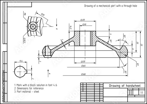 Vector drawing of steel cast mechanical part with through holes
and dimension lines.
Engineering cad scheme. Technical template of handwheel.  Cross section.