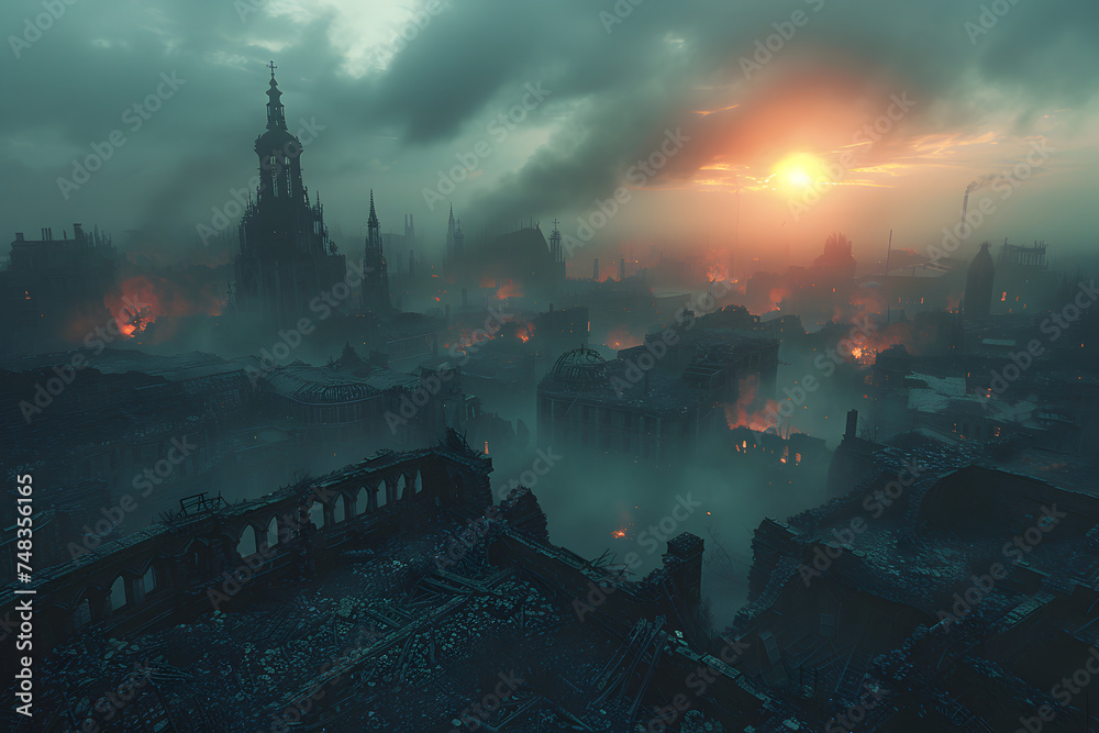 Fototapeta premium A desolate post-apocalyptic cityscape with crumbling buildings under a polluted sky.