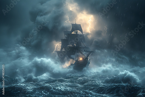A spectral ghost ship sailing through stormy seas with crashing waves.