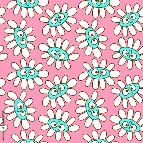Fototapeta Naklejka Na Ścianę i Meble -  Cartoon summer retro seamless flower pattern for wrapping paper and fabrics and spring packaging and kids print