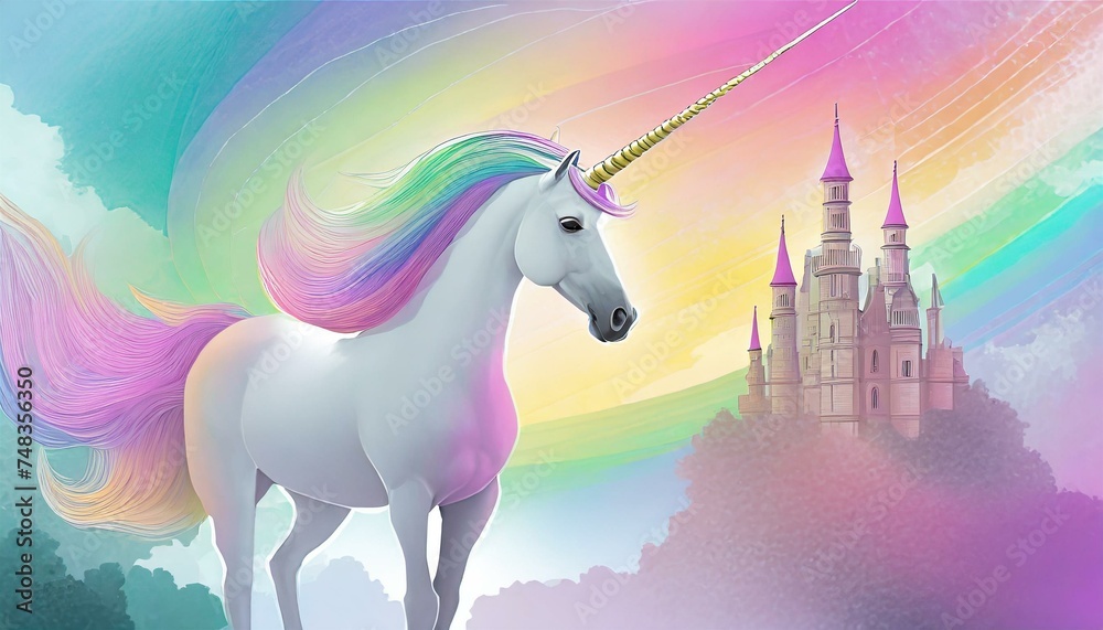 Fototapeta premium Licorne et décor arc-en-ciel, univers coloré aux couleurs de princesses, with a castle. 