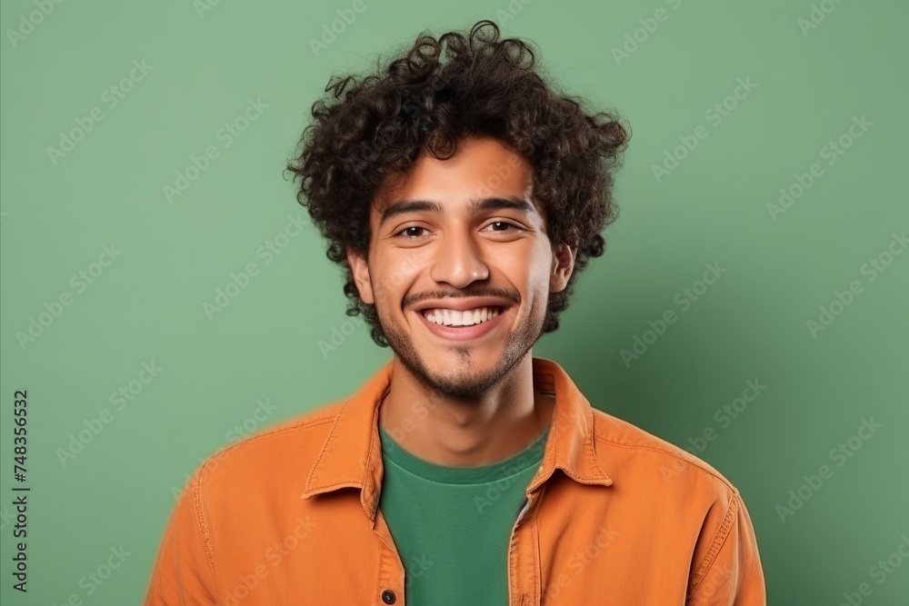 Portrait of a happy young man with curly hair against green background Portrait of a happy young man with curly hair against green background