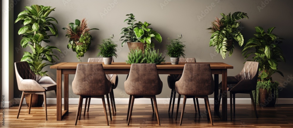 A dining room table is adorned with a variety of green plants. The table is set for six people with chairs surrounding it.