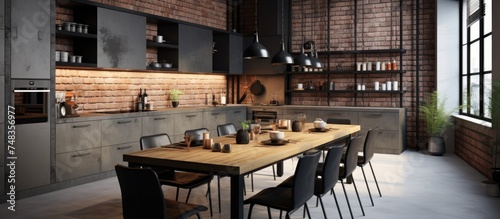 A kitchen designed in a loft style featuring concrete and brick walls, tiled floors, and a wooden table surrounded by black chairs. The minimalist decor creates a sleek and contemporary look.
