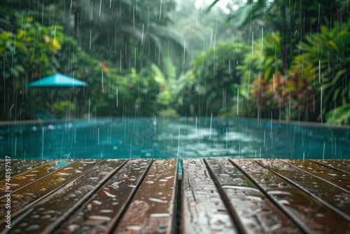 Wet Table Pool Mockup, Wooden Background Space by Hotel Swimming Pool Bar in Heavy Rain, Copy Space