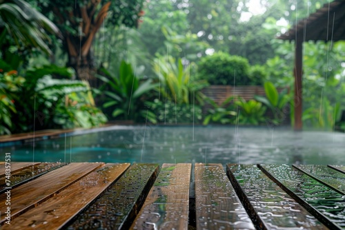Wet Table Pool Mockup, Wooden Background Space by Hotel Swimming Pool Bar in Heavy Rain, Copy Space