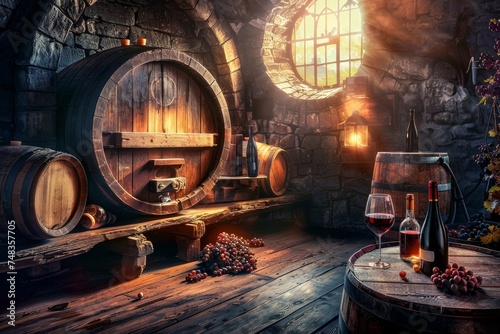 Old Wine Cellar with Oak Barrels  Winery Basement  Wine Cellar  Copy Space