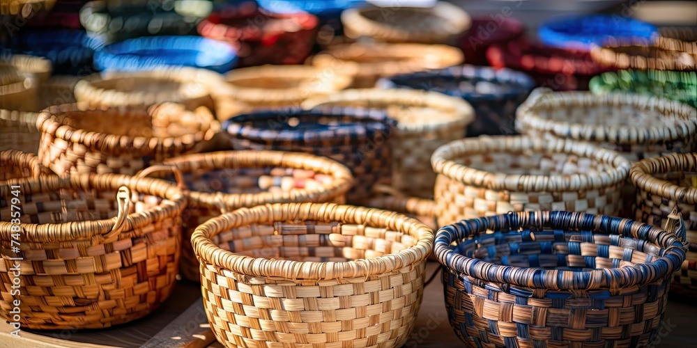 Many Wicker Baskets on Handicraft Market, New Wickerwork, Hand Made Basket, Bamboo Containers Many Wicker Baskets on Handicraft Market, New Wickerwork, Hand Made Basket, Bamboo Containers