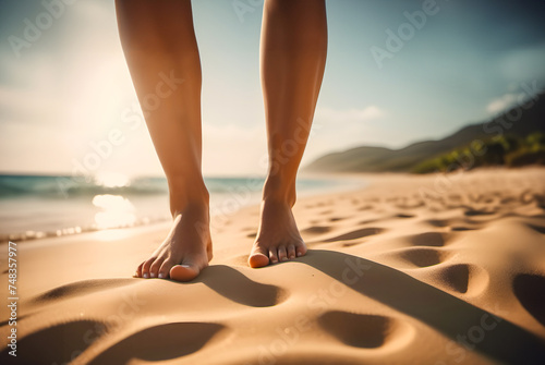 Feet walking in sand by the water on the beach with backlit sunshine.