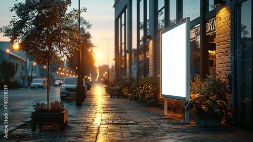 Side view of a white pylon stand with a brick building, an empty advertising tower for commercial information. Template for advertising with a clear rectangular monitor or light box