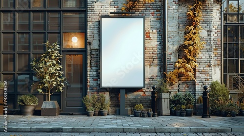 Side view of a white pylon stand with a brick building, an empty advertising tower for commercial information. Template for advertising with a clear rectangular monitor or light box photo