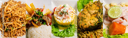 Collage of Peruvian dishes. Peruvian gastronomy. Mosaic, ceviche, lomo saltado, causa