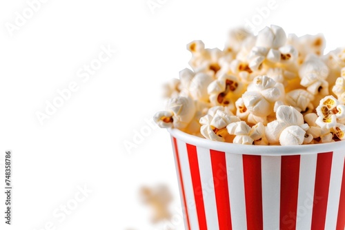 Popcorn in red and white striped bucket isolated on a white background