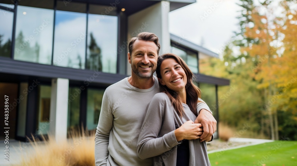 Happy Couple Embracing in Front of Their Modern Home. Generative ai