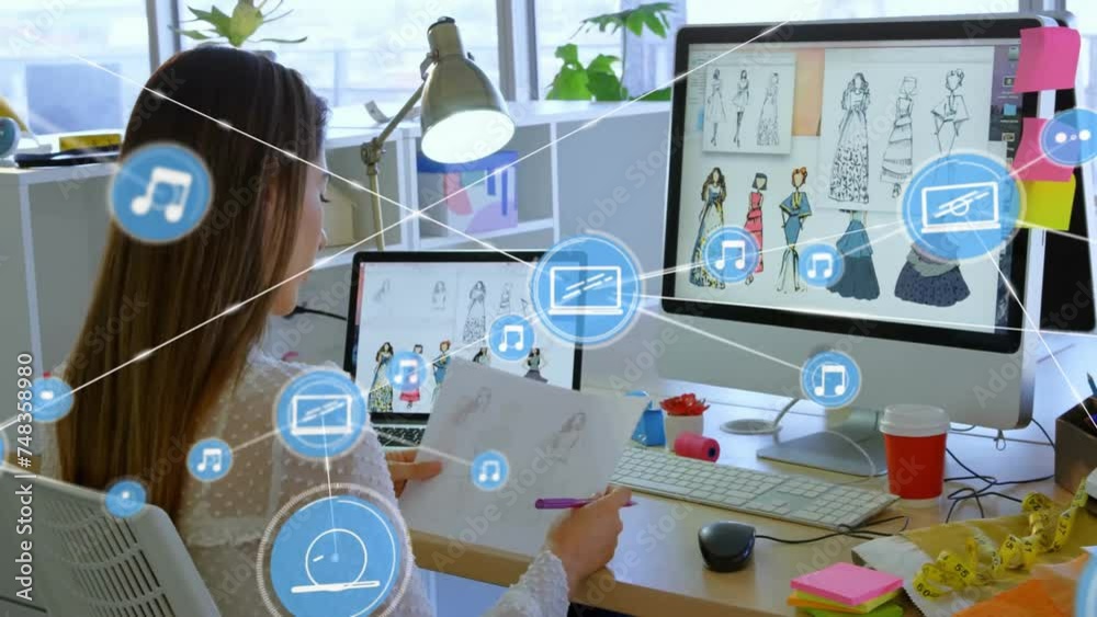 Animation of network of connections with music icons over caucasian businesswoman in office Animation of network of connections with music icons over caucasian businesswoman in office