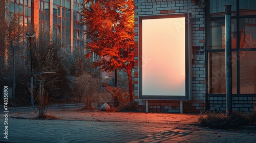 Side view of a white pylon stand with a brick building, an empty advertising tower for commercial information. Template for advertising with a clear rectangular monitor or light box