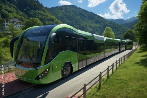 Futuristic Green and Black Bus with Spacious Interior, Large Panoramic Windows, Innovative Design, and Advanced Technology for Urban Transportation and Sustainable Mobility Solutions