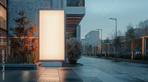 Side view of a white pylon stand with a brick building, an empty advertising tower for commercial information. Template for advertising with a clear rectangular monitor or light box photo