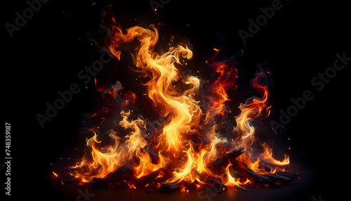 Vivid and dynamic fire flames engulfing logs, embodying raw energy and warmth