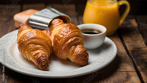 Continental breakfast spread featuring golden croissants with coffee and orange juice