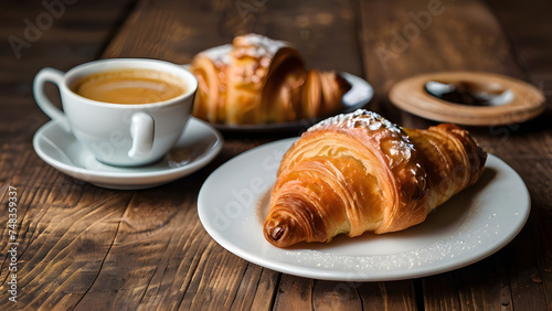 Continental breakfast spread featuring golden croissants with coffee and orange juice