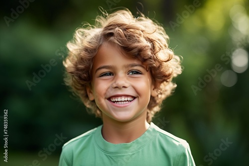 Portrait of a cute little boy with curly hair in the park © Inigo