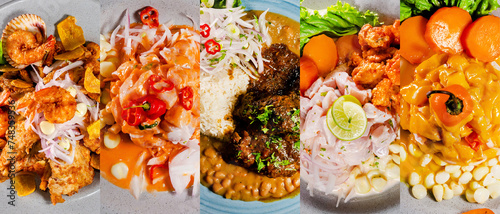 Collage of Peruvian dishes. Peruvian gastronomy. Mosaic, ceviche, lomo saltado, causa